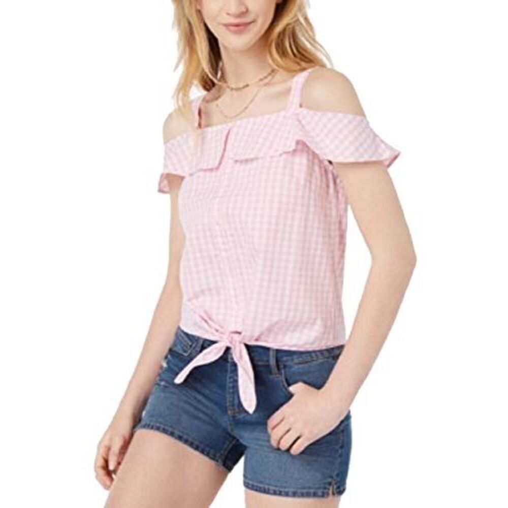 Ultra Flirt By Ikeddi Juniors Cotton Cold Shoulder Gingham Top